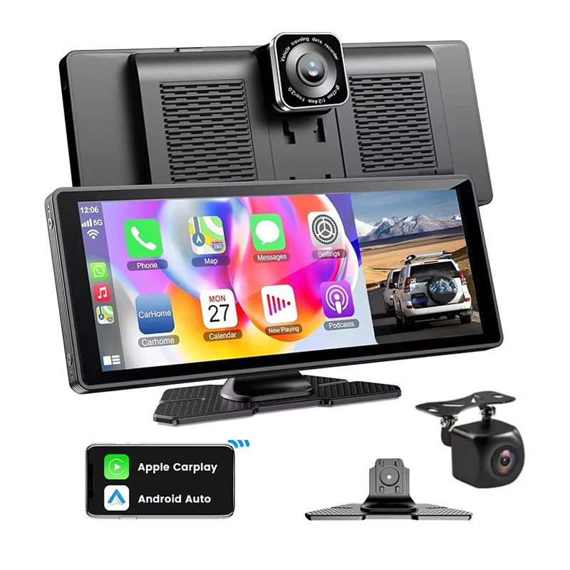 Newest   10.26inch Touch IPS Carplay Screen  Camera Portable Apple Carplay Wireless Car Dash Cam 4K Front+Rear 1080P