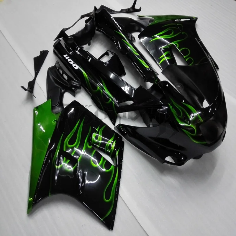 Full fairing kits for ZX-11 1990 1991 1992 1993 1994 1995 1996 1997 1998 1999 2000 2001 green flames ABS Plastic Bodywork Set