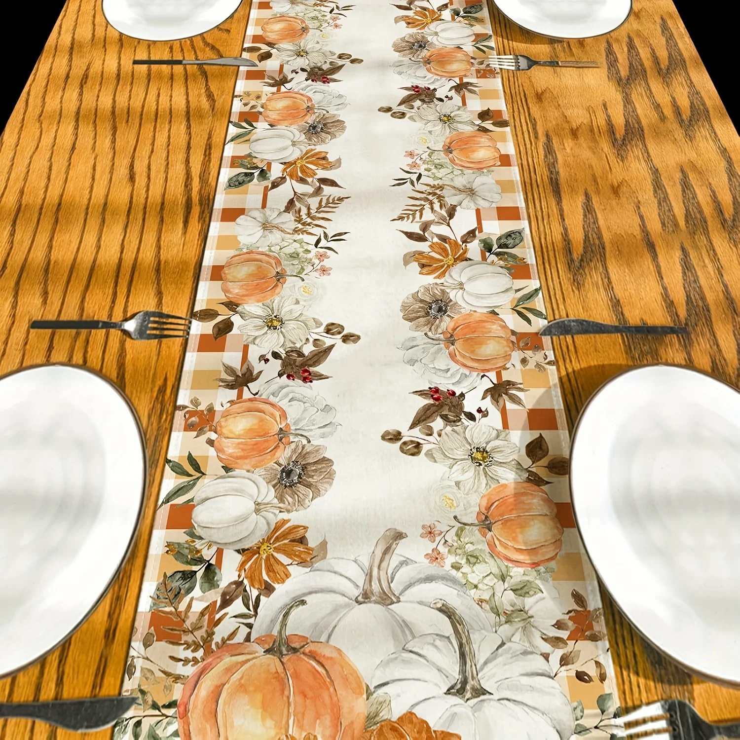 Autumn Pumpkins Plaid Linen Table Runner Home Decor Fall Harvest Floral Leaves Kitchen Dining Table Runners Thanksgiving Decor