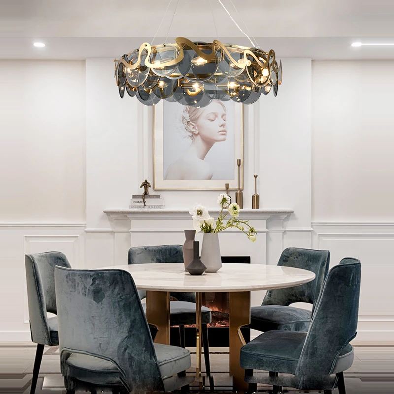 

2025 new designer stainless steel glass Round Disc chandelier pendant lamp dimmable 3 color lighting for living room luminaire