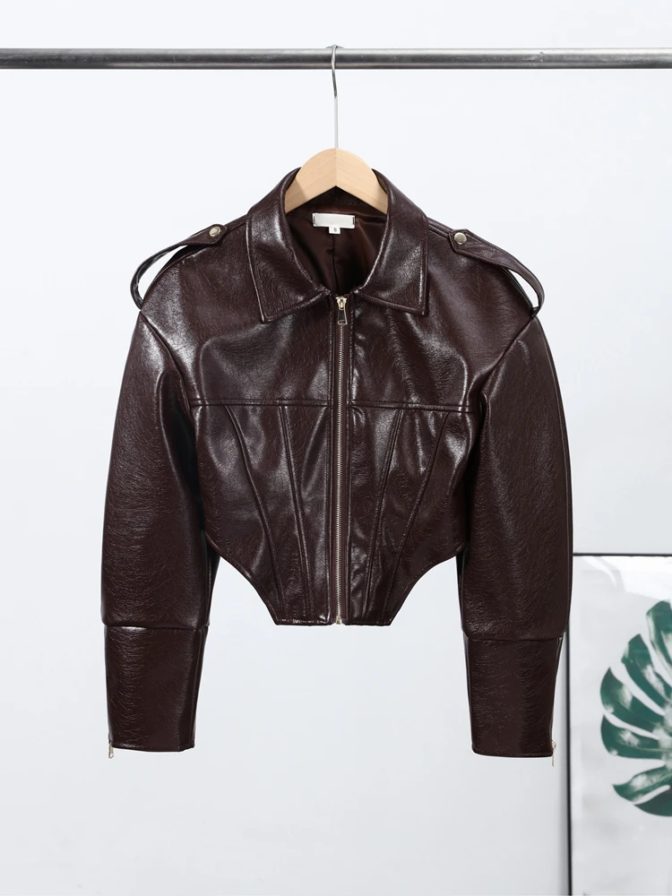 Faux Leather Stand Collar Cropped Jacket Women Street Long Sleeve