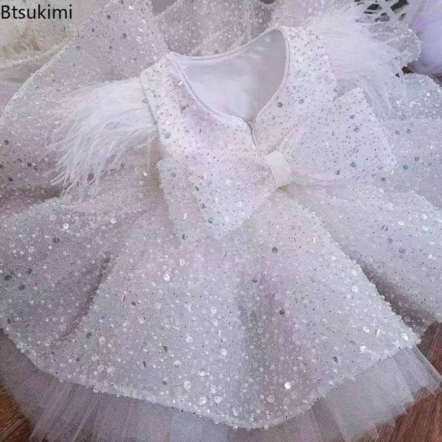 2026 Baby Girls' Dresses Children's White Glitter Feather Sequins Baby Princess Tutu Dress Birthday Party Children's Clothing