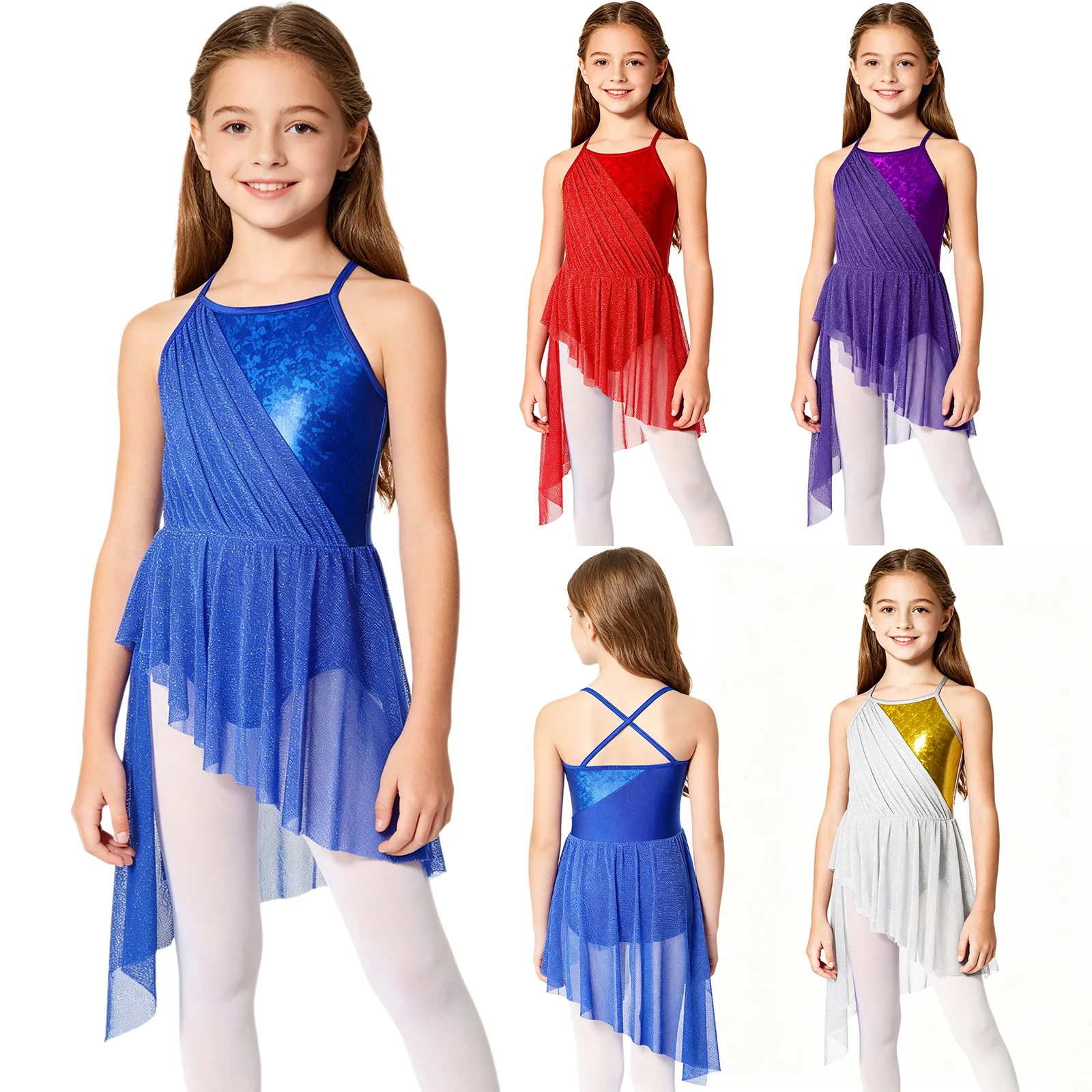 Children Girls Lyrical Dance Dress Ballet Skating Gymnastics Contemporary Dancewear Spaghetti Straps Shimmery Mesh Tutu Leotard - view 5