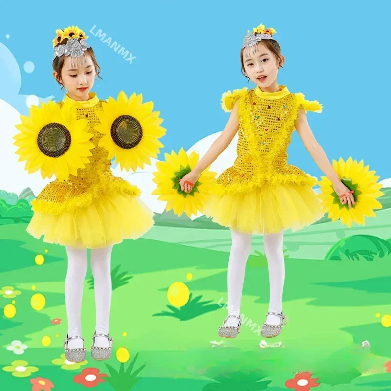 Children's Performance Costume with the Style of June 1st: Sun Dance Stage Performance: Sunflower Performance Dance Skirt