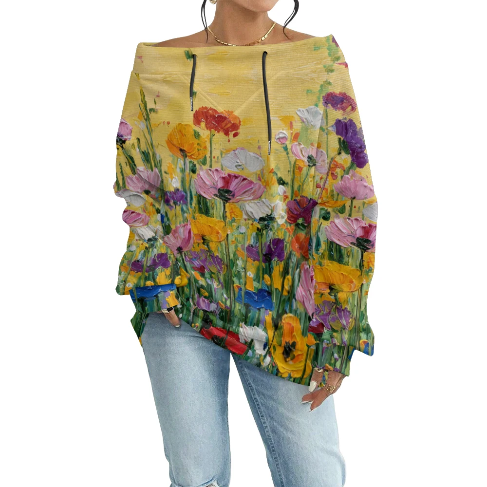 

Толстовка с открытыми плечами и принтом Tulip Bloom, яркая художественная цветочная картина, весенний пуловер с длинными рукавами для уличной женской одежды