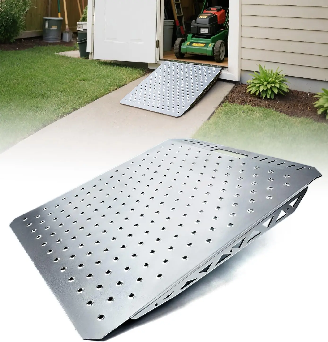 Heavy-Duty Shed Ramp for Lawn Equipment, Motorcycle, Tractor - 1500lbs Capacity Anti-Slip Punch Plate