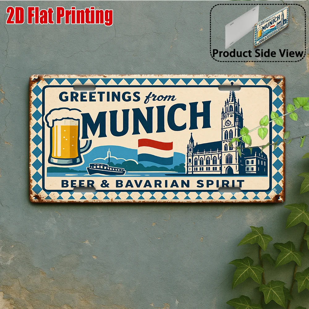 2D Flat,1pc, Vintage Metal Sign, Outdoor Plaque & Wall Decor 15x30cm, Munich Beer and Bavarian Spirit Landscape Aluminum Sign
