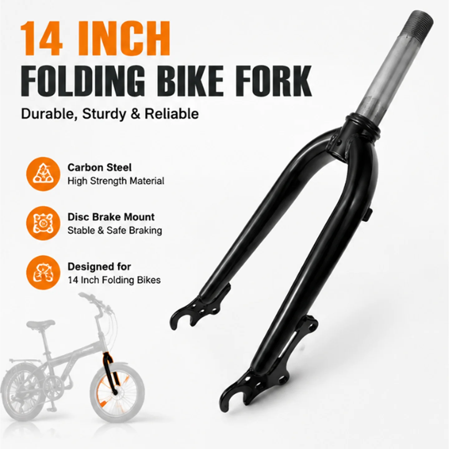 14 Inch Folding Bike Fork Disc Brake Mount Carbon Steel Front Fork Threaded Steerer for Folding Bicycle Replacement Parts