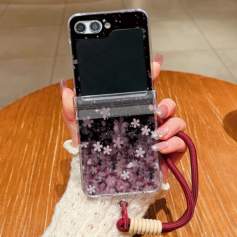 Kirschblüten-Lanyard-Handyhülle für Samsung Galaxy Z Flip 8 7 FE 6 5 4 3 5G Faltbare Hartschalen-Klarhülle für Samsung Z Flip7 Flip6