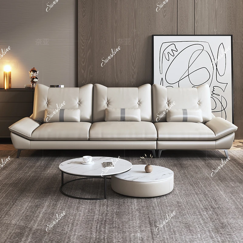 Modern light luxury first-floor cowhide small apartment straight row three-person sofa
