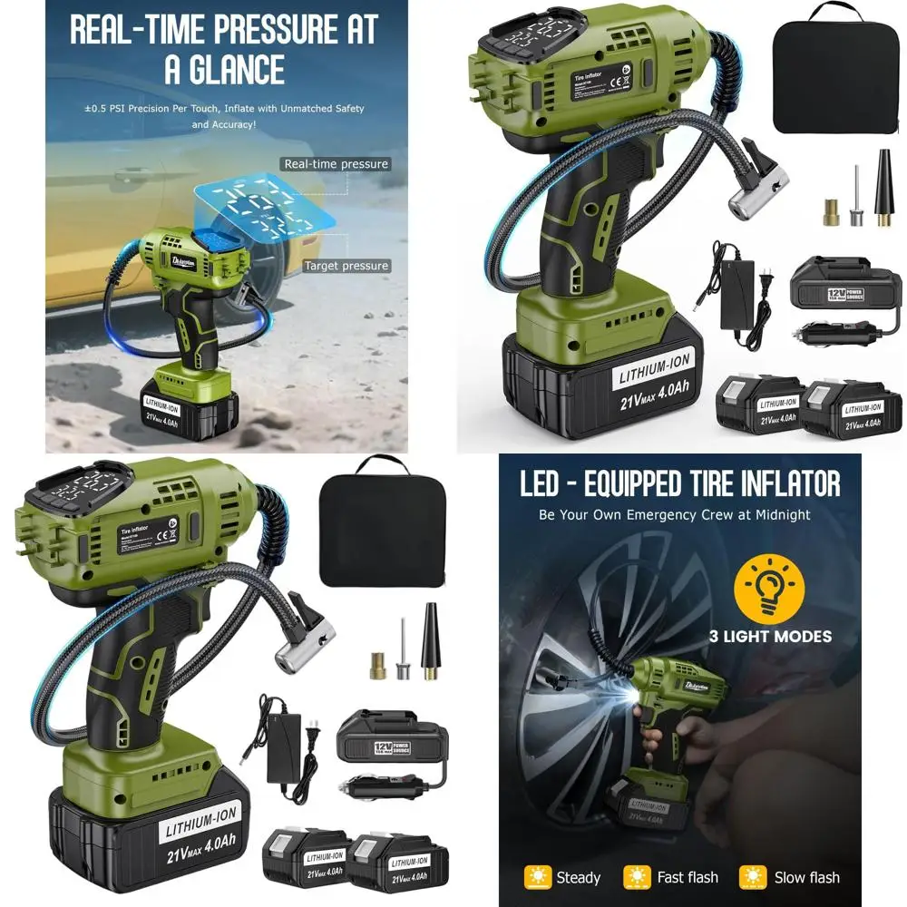 Inflador de neumáticos inalámbrico portátil de 150PSI con 2 baterías de 21 V, doble potencia, luz LED