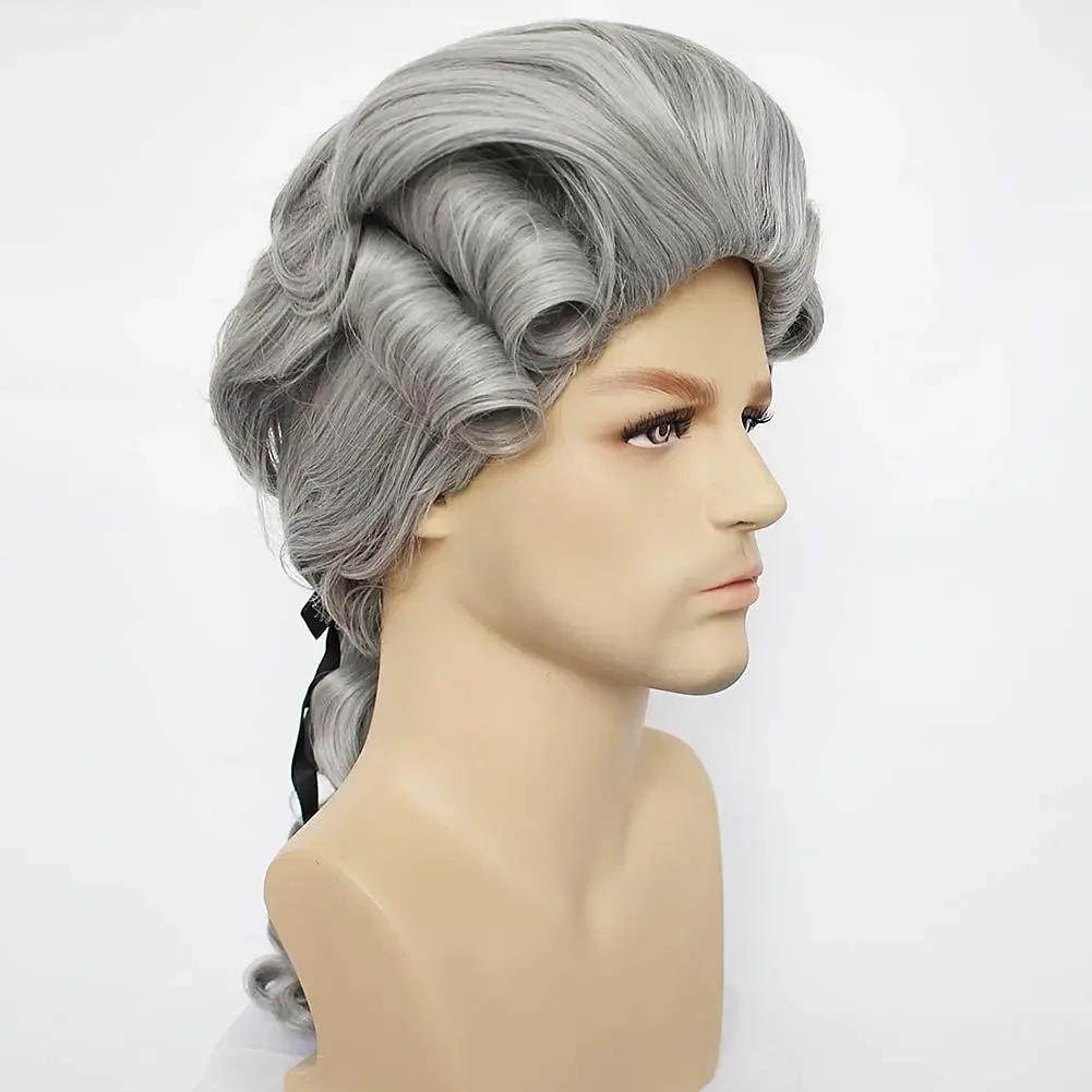 Synthetic Hair Colonial Cosplay Wig for Lawyer Grey Wigs Long Curly Wavy Wigs for Men