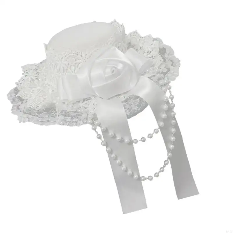 

B95F Rose Bead Chain Lace Headpiece Lolitas Headdress Headwear Gothic Top Hat Hair Clips Subcultures Hair Accessories Gifts
