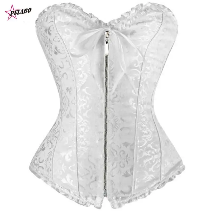 PULABO y2k Women Front Overbust Zip Corset Jacquard Floral Lace Up Boned Shaperwear Fashion Steampunk Bustiers Gothic Clubwear