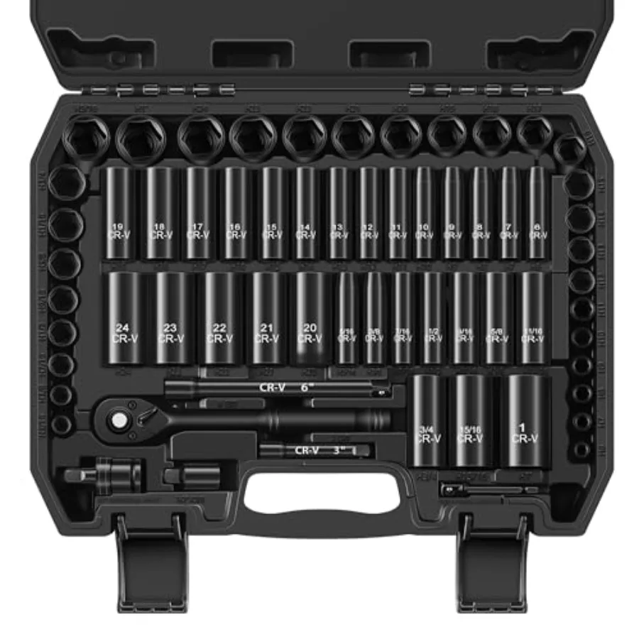 

Drive Impact Socket Set -Piece Deep and Shallow SAE 5/16"-1" and Metric (6mm-24mm) Sockets 72-Tooth Ratchet Wrench Universal Jo