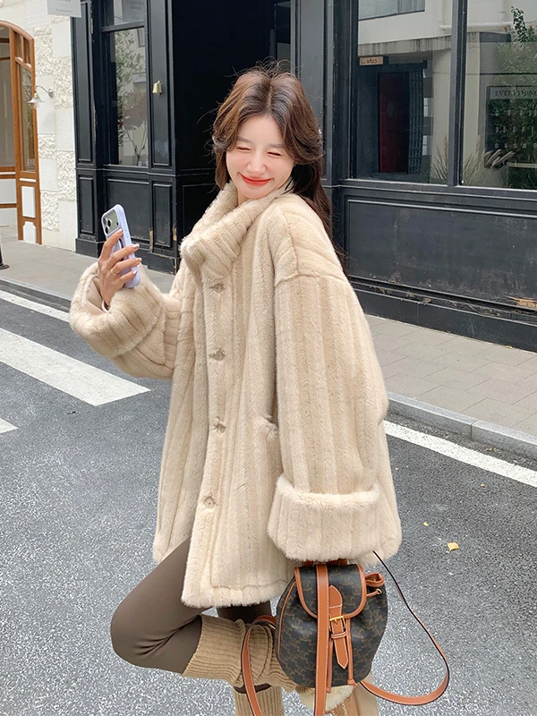 

Женское пальто средней длины из натурального меха ягненка, теплое, повседневное, свободного кроя, с длинными рукавами, на пуговицах, однотонное