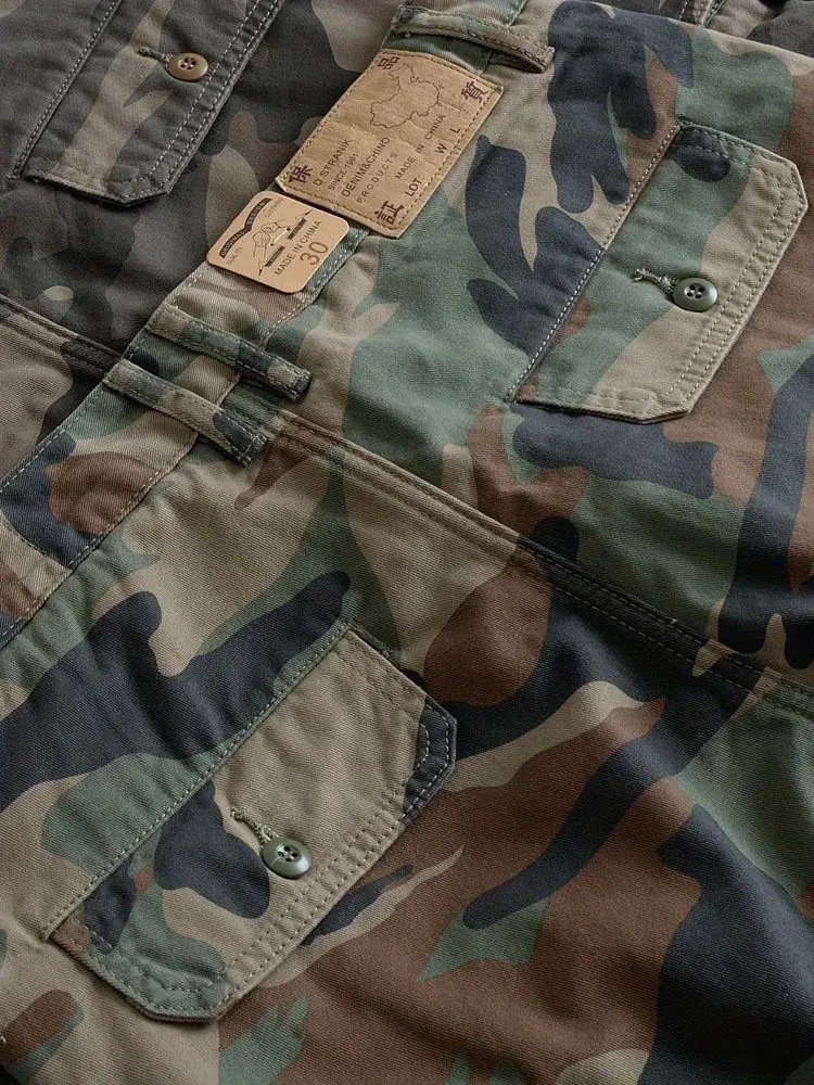 Pure cotton loose American multi-bag overalls shorts retro men's casual five-point pants straight camouflage pants