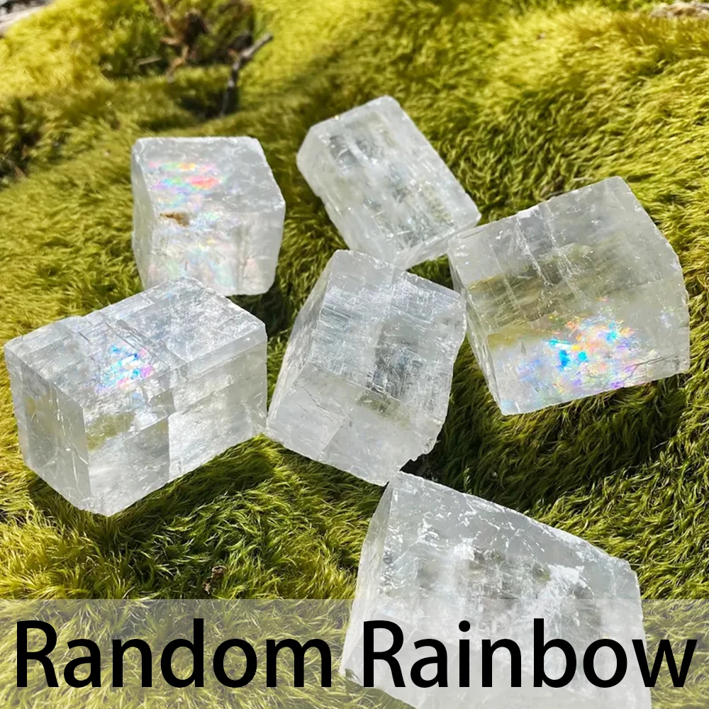 NONE Natürlicher Kristall, weißer Calcit-Rohstein, Ornament, Mineralkristall-Exemplar, Regenbogenfarbe, Calcit-Würfel, Heimdekoration 3