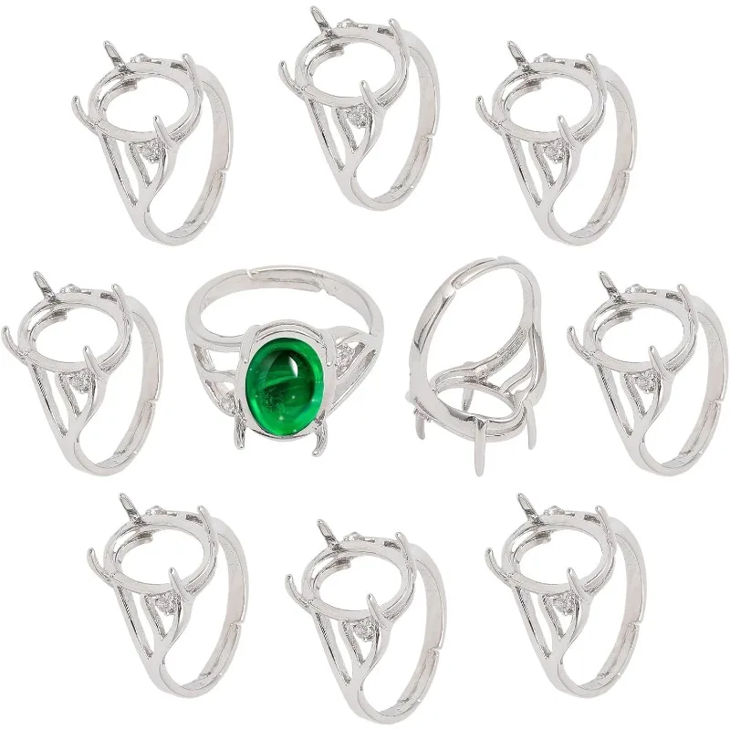 10 PCS Platinum 4 Claws Ring Blank Regulowany mosiężny pierścień na palec Komponenty Prong Ring Ustawienia dla 11 mm owalnych kamieni szlachetnych Cabochon