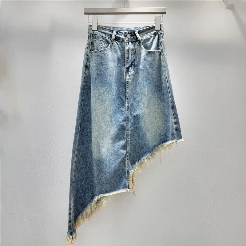 

SuperAen Irregular Rough Edge Vintage Denim Skirt Women's Summer 2024 New High Waist A-line Skirt