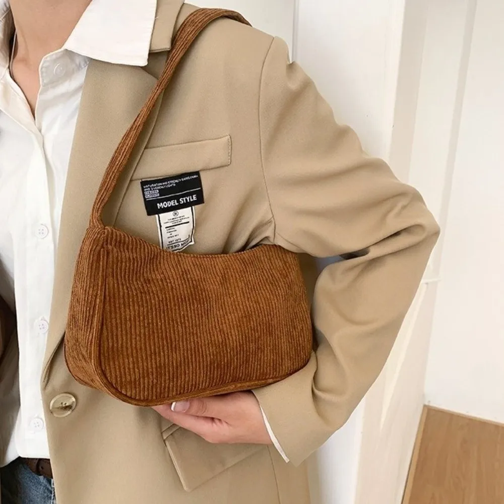 

Casual Solid Color Underarm Bag Zipper Adjustable Strap Half Moon Shoulder Bag Corduroy Corduroy Clutch Women