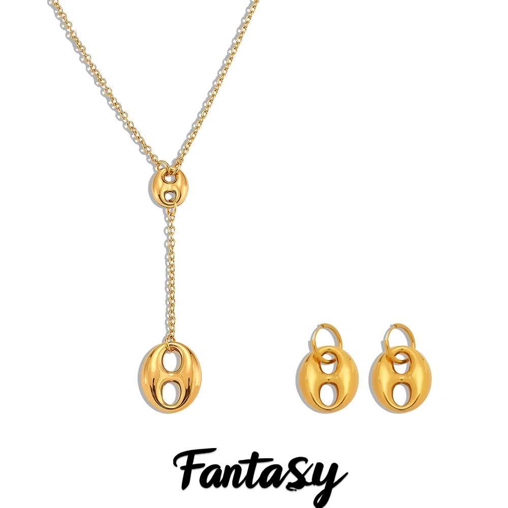 Goldfarbene Silber-Halskette mit ovalem Anhänger für Damen, Edelstahl 316, vergoldete Tropfenohrringe, Luxus-Schmuckset für Damen