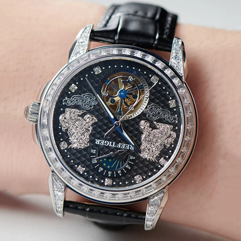 mens sun moon stars tourbillon mechanical watch 24 hour indicator luminous water resistant pixiu cowhide strap 42mm large dial
