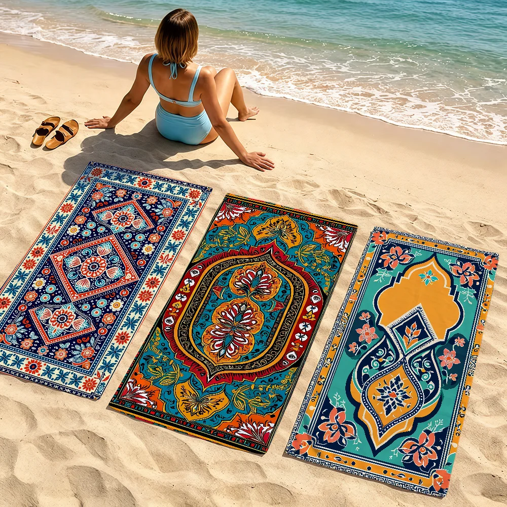 Vintage Ethnic Style Symmetry Retro Fashion Flower Soft Beach Towels Trip Swim Pool Bathing Towel Gym Home Decor Gift Holiday