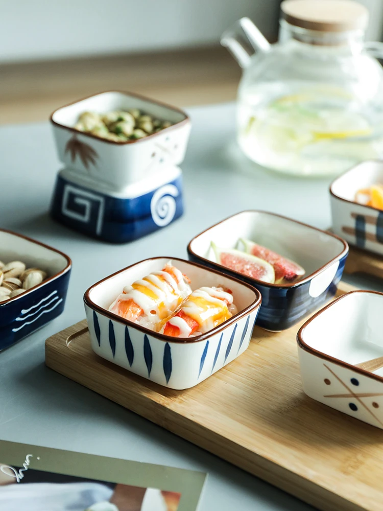 Japanese Style Tableware Set Underglaze Printed Sauce Dish Square Plate Snack Hot Pot Sushi Fruit Versatile Bowl + Wood Tray