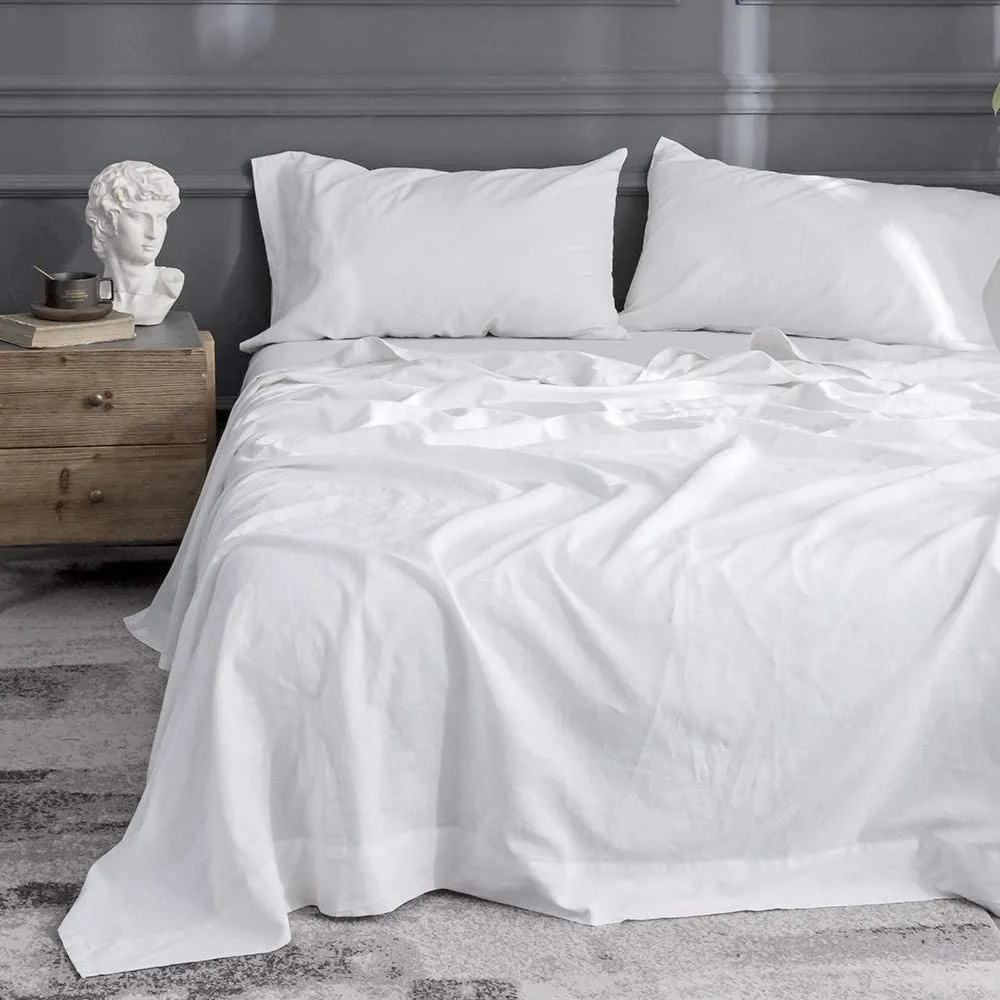 Simple&Opulence 3/4Pcs Belgian Linen Cotton Solid Color Blended Bedding Set Bed Sheet Set Fitted Sheets