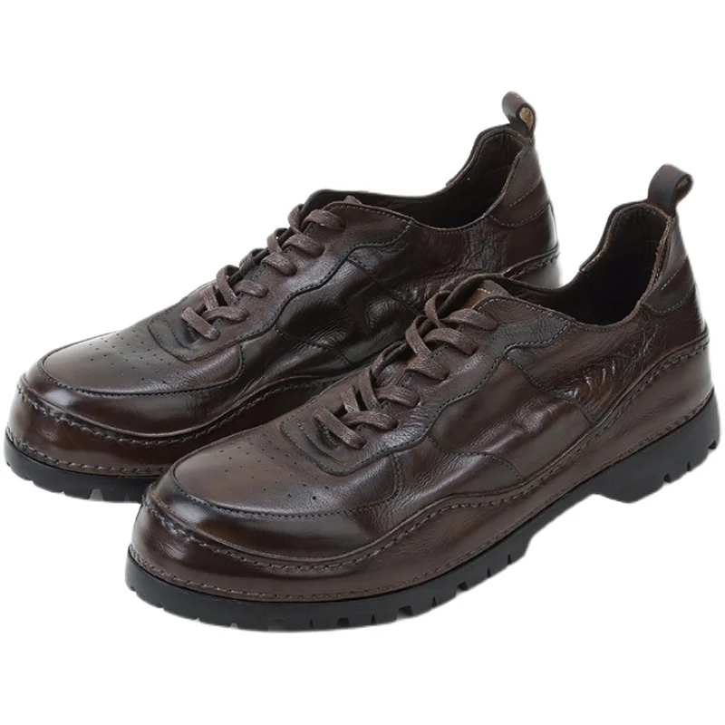 

Плиссированные повседневные туфли из натуральной кожи с круглым носком и низким берцем в стиле ретро, мужские оксфорды-дерби ручной работы на толстой подошве, мужская обувь