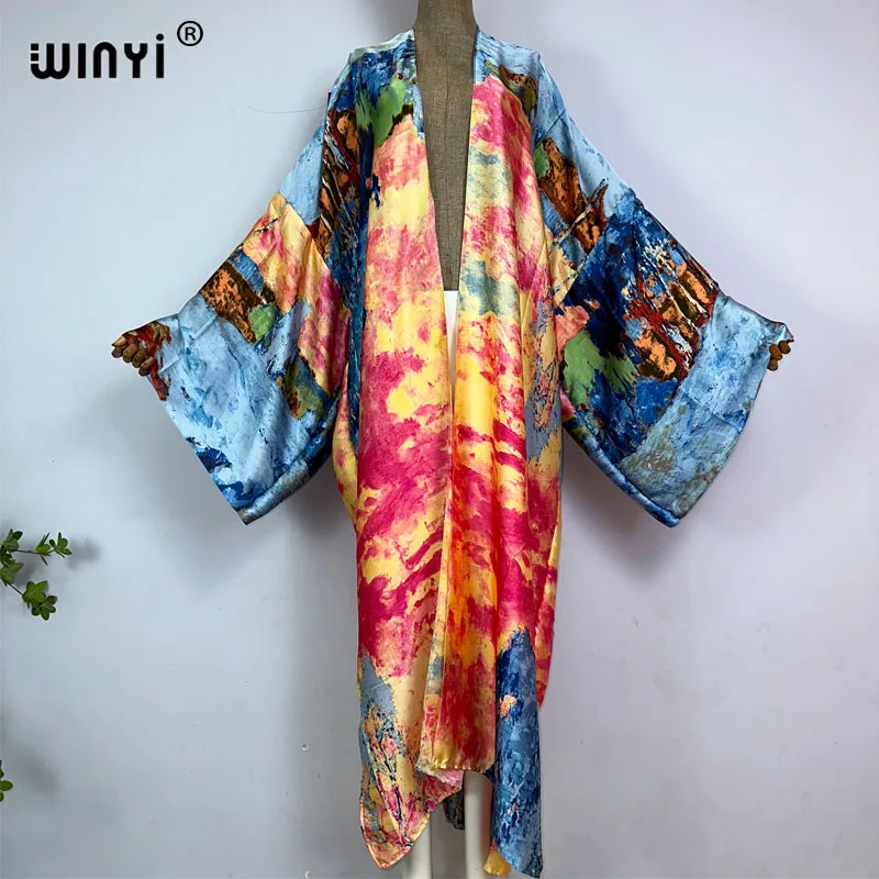 WINYI kimono Abstract print boho kaftans for woman Cover-up Elegant Cardigan sexy Holiday maxi beach wear swimsuit party dress