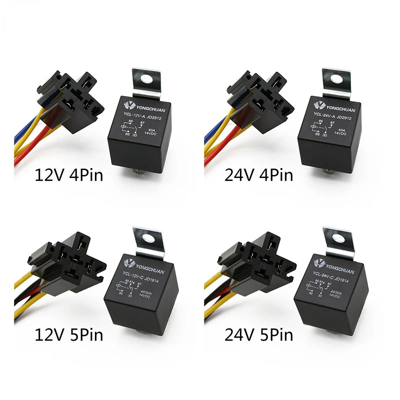 Waterproof Automotive Relay 12V 24V 4pin 5pin 4P 5P 40A Car Relay With Black Red Copper Terminal Auto Relay With  Socket