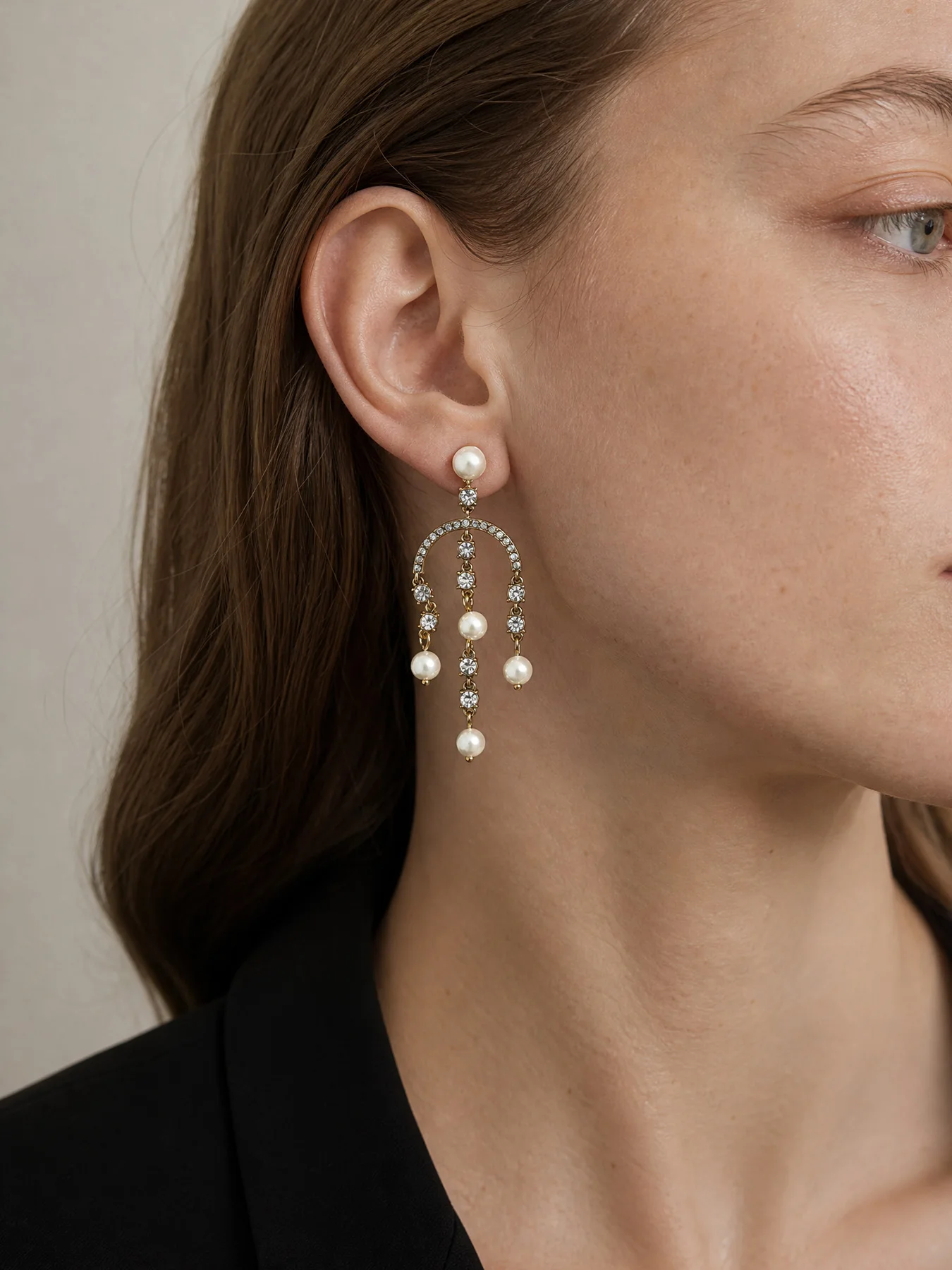 Arch Frame Tassel Pearl Drop Earrings, Crystal Accented Dangling Beads Romantic Long Jewelry