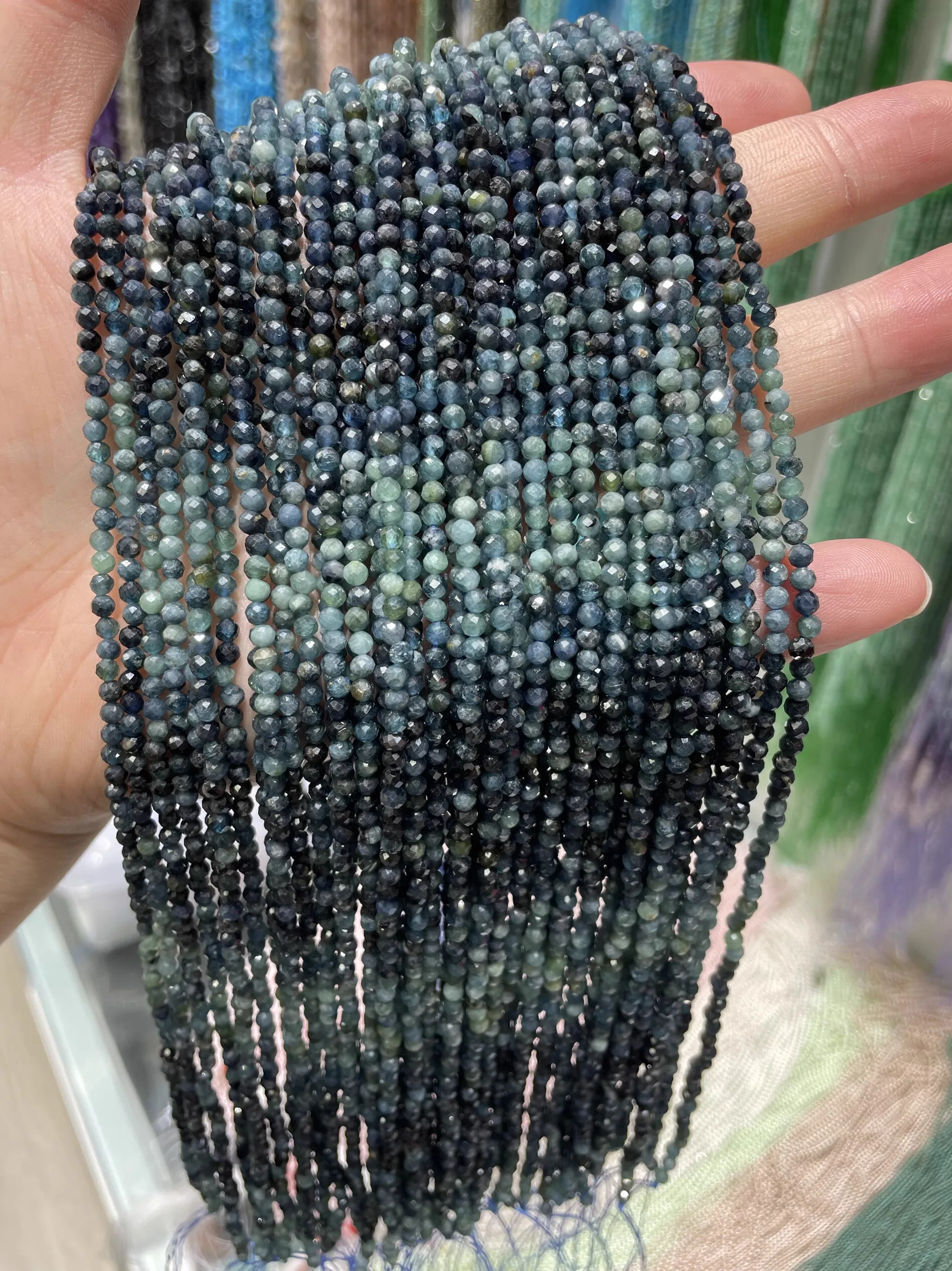 blue Tourmaline loose beads  round faceted 2/3mm nature  for making jewelry necklace 38CM FPPJ wholesale