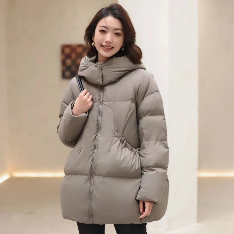 Women's Winter Hooded Puffer Coats, Thick Loose Snow Outerwear, Mid-length Down Jacket, Simple Drawstring, Casual, Monochromatic