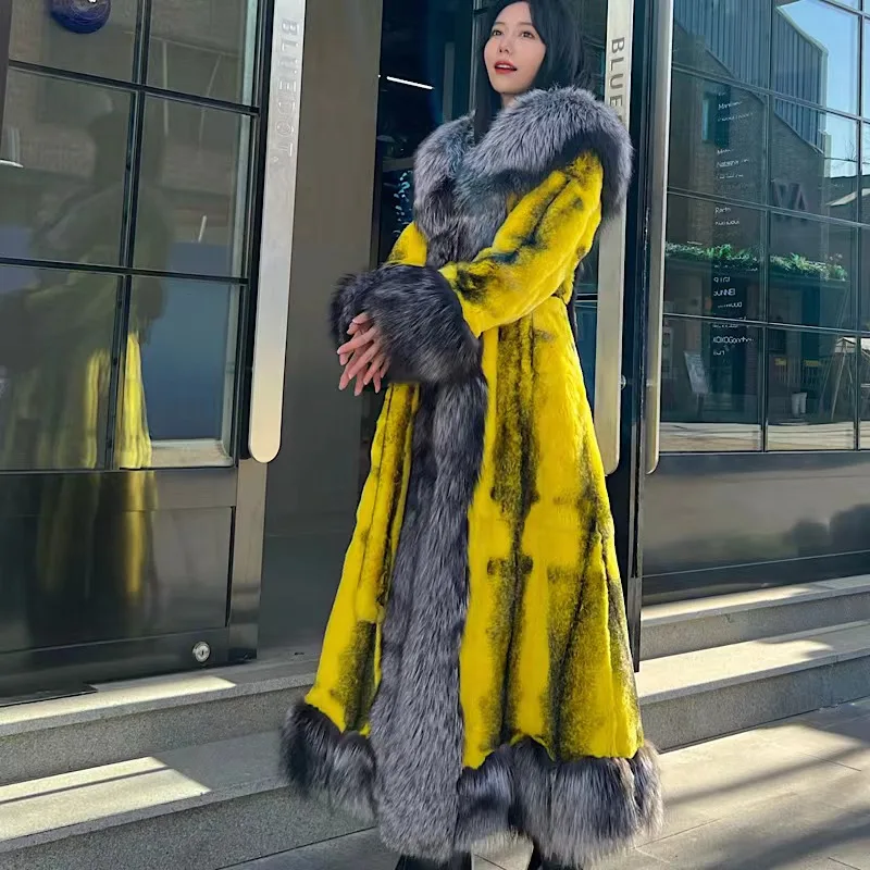 

2022Women Real Rex Rabbit Fur Coats With Fox Lapel Collar Natural Whole Skin Genuine Rex Rabbit Fur Long Jackets Overcoat Luxury