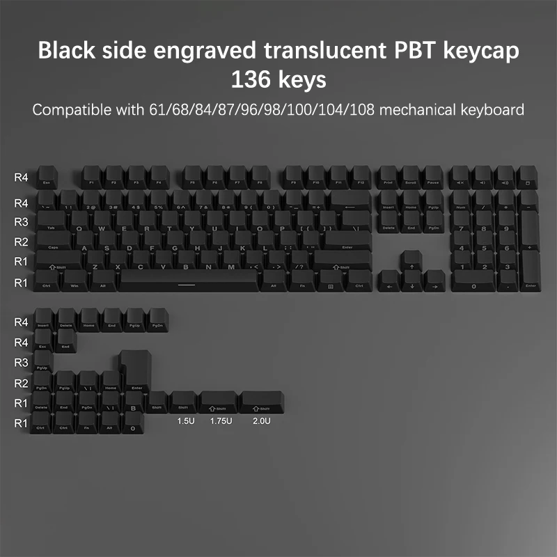 136 Key PBT Side Print Shine Through Backlit Keycaps For MX Mechanical Keyboard 61/68/84/87/96/98/100/104/108