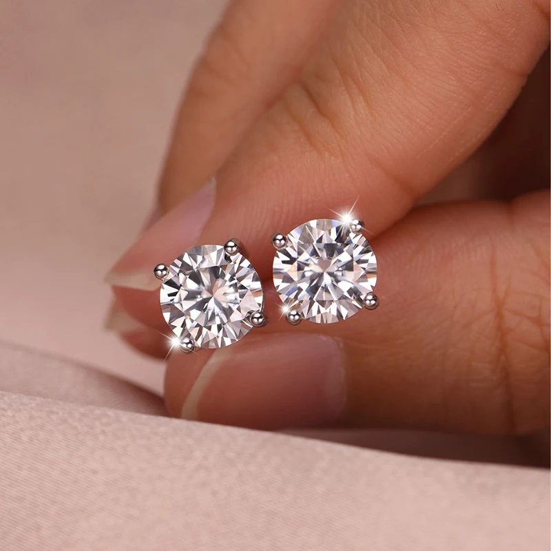 S925 Sterling Silver Hip Hop 4 Clow Moissanite Bling Ice Out Round Stud Earrings for Men Women Rapper Jewelry