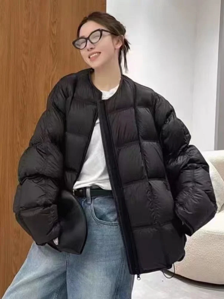 

New Women's ort Puff Sve Cotton Jaet Thiened round Ne Cloud Pattern Winter Coat Sweet Sle Loose Fit Zipper Closure