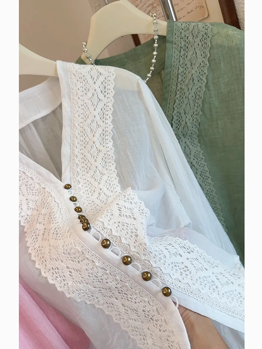 

Chiffon Shirt V-neck Exquisite Lace Edge Long Sleeved Top Fashionable Temperament Elegant Shirt 2025 Spring Autumn Thin Cardigan