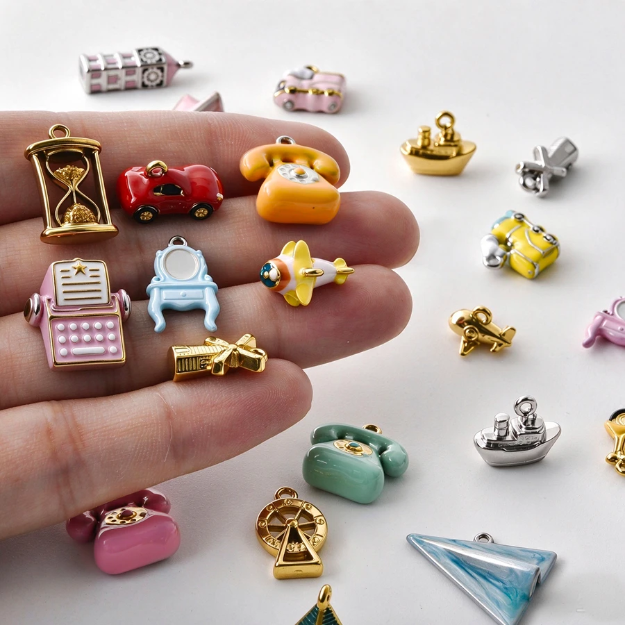 10Pcs Colorful Enamel Charms Ship Car Plane Telephone Typewriter Pyramid Hourglass Windmill Pendants For DIY Jewelry Making Bulk
