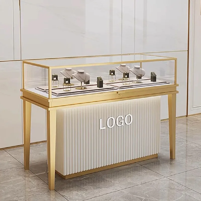 

Custom.High-End Elegant Stainless Steel Gold Jewelry Display Rack with LED Lighting for Storefront Showcase Poor You Glass Cabin