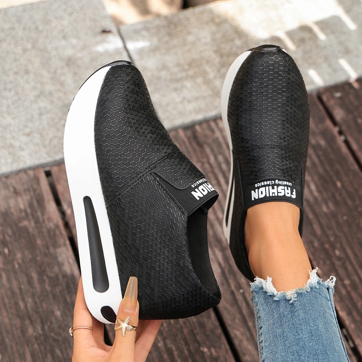 Damen-Sneaker mit verstecktem Absatz zur Erhöhung der Körpergröße, atmungsaktives Mesh, Slip-On-Plattform, lässige Alltagsschuhe zum Gehen. – Detail 3