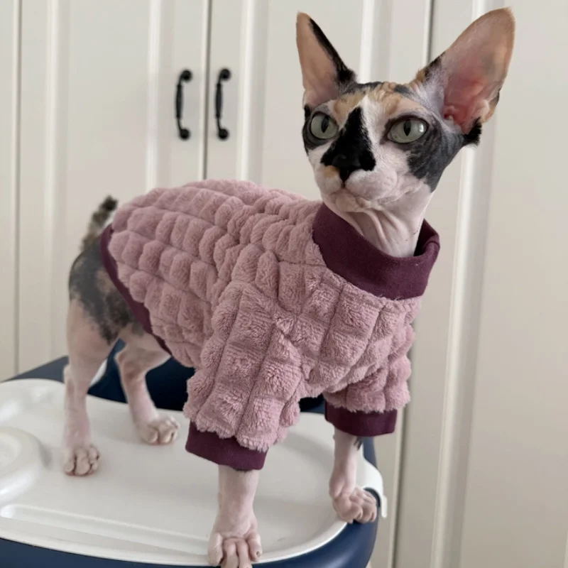 Winter Pink Velvet Sweatshirt for Devon Rex Soft Warm Thick Solid Color Coat for Sphinx Cat in Autumn Green Sweater for Pet Cat