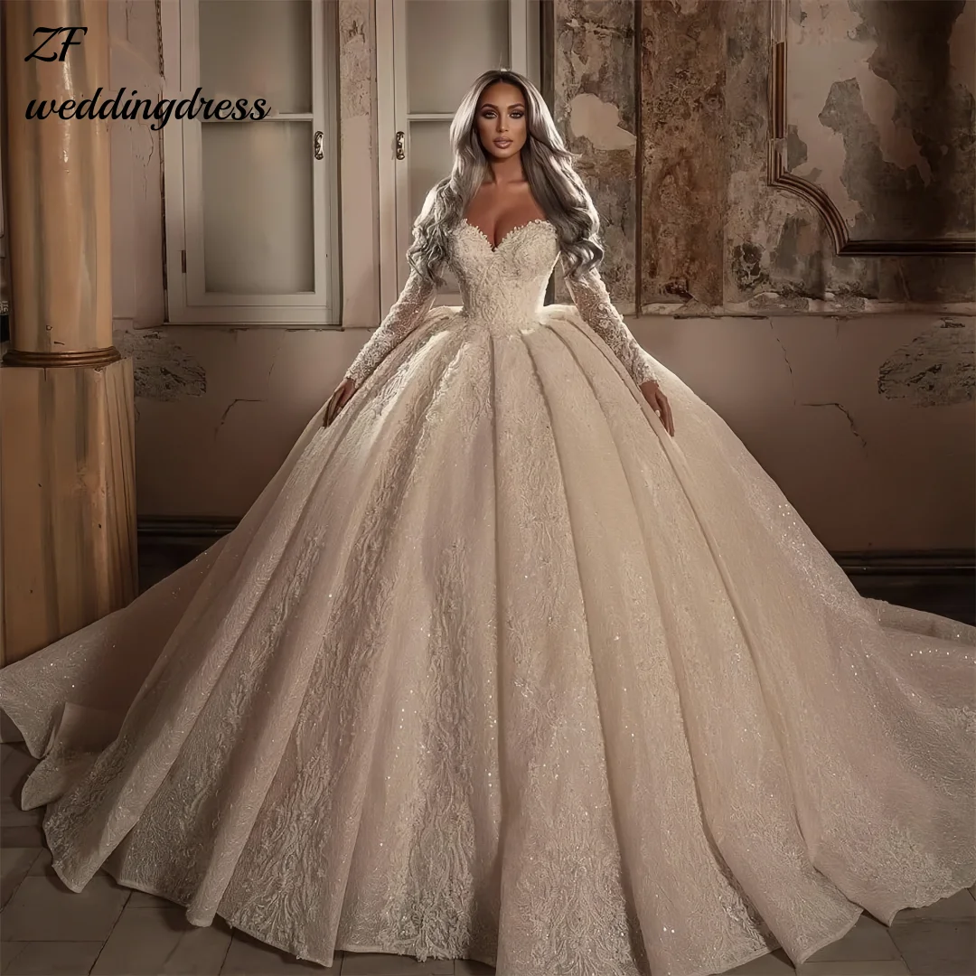 

Customized Luxury Ball Gown Wedding Dresses Beadings Sweetheart Appliques Sequins Long Sleeves Sweep Train Bridal Dresses