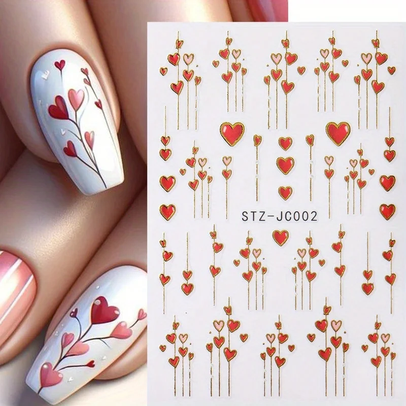 1 pz adesivi per unghie 3D con cuore e strisce dorate per San Valentino - Decalcomanie per nail art adesive rosse e rosa romantiche con linee di cuore