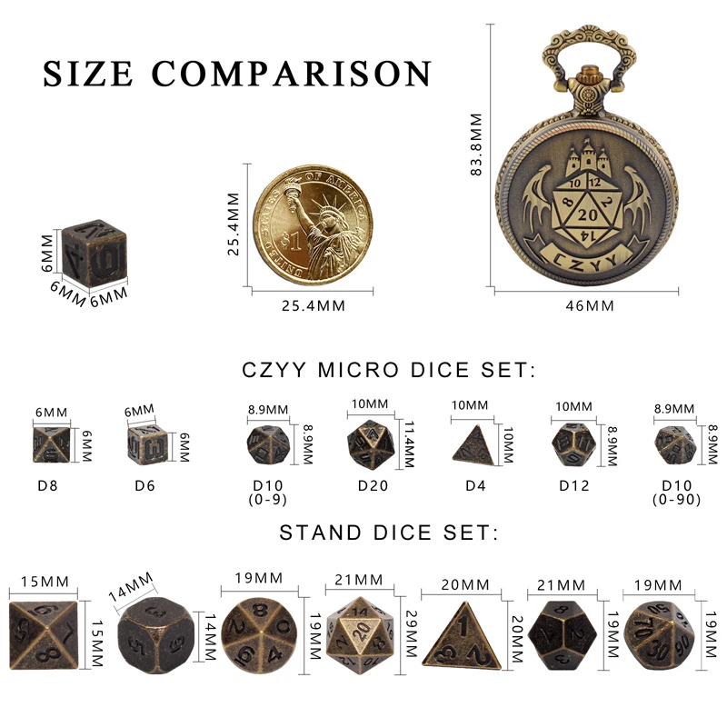 DND – ensemble de dés Micro polyédriques de 6mm, avec coque de montre de poche, parfait pour les donjons et les Dragons, RPG de table