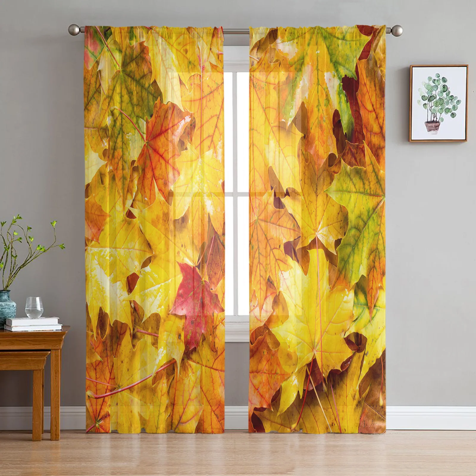 Maple Art Fall Retro Texture Voile Tulle Curtains for Living Room Bedroom Home Decor Coffee Hotel Sheer Drapes Window Treatment