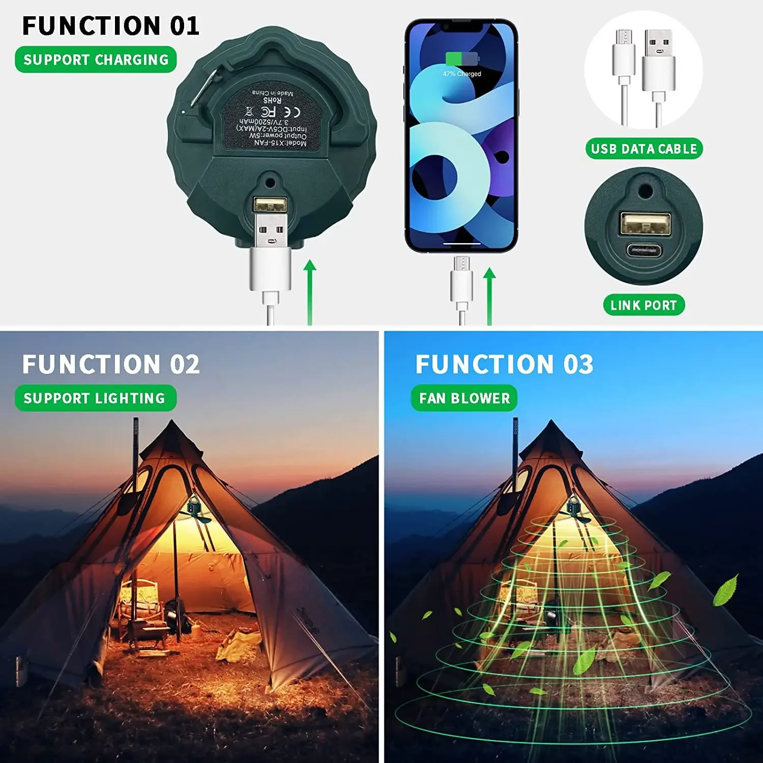 10400mAh Led Tent Ceiling Fan Light for Camping Portable 3 in 1  Tent Fans Light Remote Control Camping Fans Lamp with Hanging